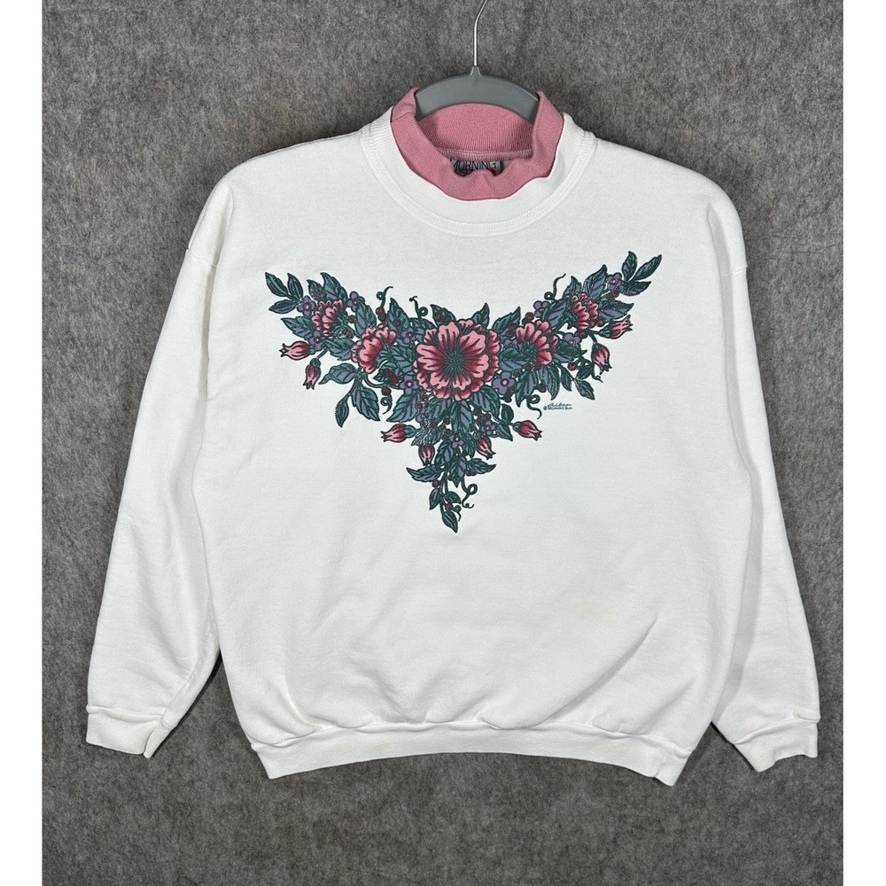 Vintage Morning Sun Petite Medium Floral Sweatshirt White Pink Double Collar 90s